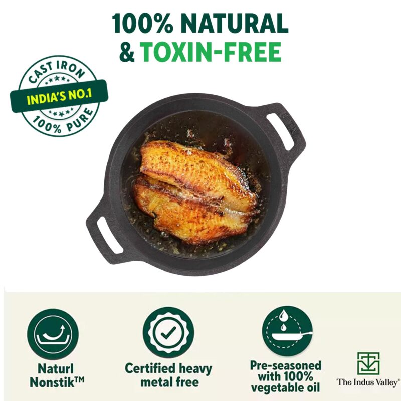 The Indus Valley Preseasoned Cast Iron Fish Fry Pan With Double Handle| Medium 22.4Cm/ 8.8Inch, 1.5Kg | Induction Friendly | Nonstick Fish Fry Pan, 100% Pure & Toxin Free, No Chemical Coating, Black - Image 6