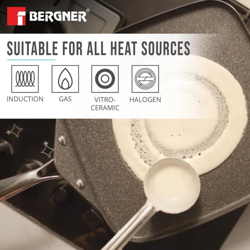 BERGNER Argent Samsara Triply Stainless Steel 27cm Square Multi Tawa with Quantanium Non-Stick Coating, Consumes Less Oil, Healthy Cooking, Even and Fast Heating, Easy to Clean - Induction Compatible - Image 3
