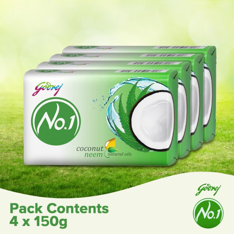 Godrej No.1 Bathing Soap Coconut & Neem Soap Grade 1 Soap & Long-Lasting Fragrance, Combo Pack Of Pack Of 4 (150G Each) - Image 3