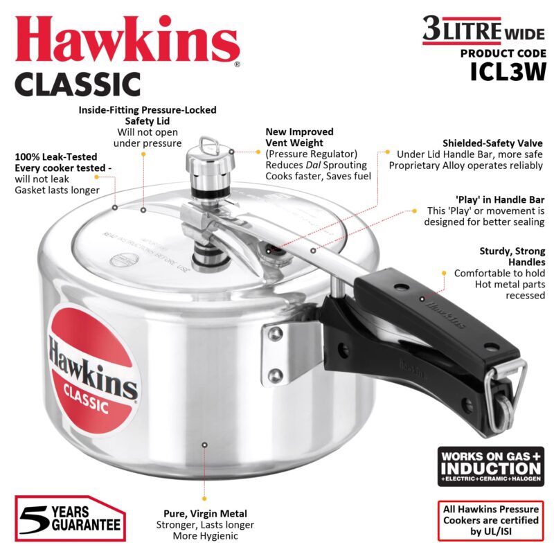 Hawkins Classic 3 Litre Inner Lid Aluminium Pressure Cooker, Induction Cooker, Wide Design Pan Cooker, Best Cooker, Silver (Icl3W), 3 Liter - Image 7