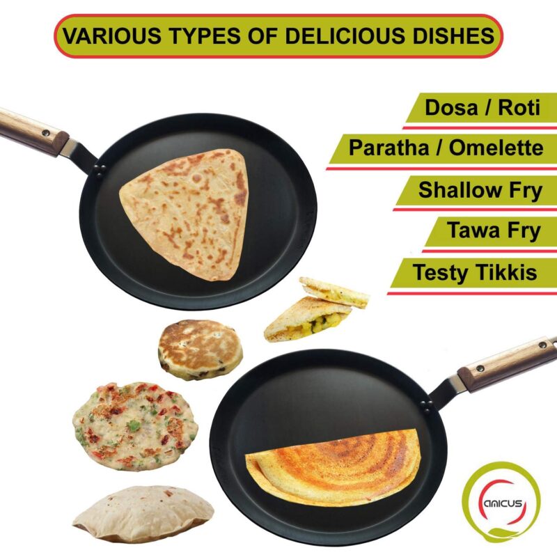 amicus Kitchen Premium Iron Tawa for Dosa Roti Chapati, Flat Iron Tava with Wooden Handle, Induction Friendly,10 Inch,1.2 Kg, Black - Image 6