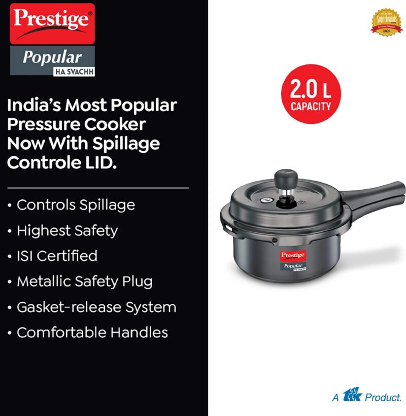 Prestige Popular Svachh Hard Anodised Pressure Cooker(2.0 L, Black, Deep Lid-Controls Spillage) - Image 2