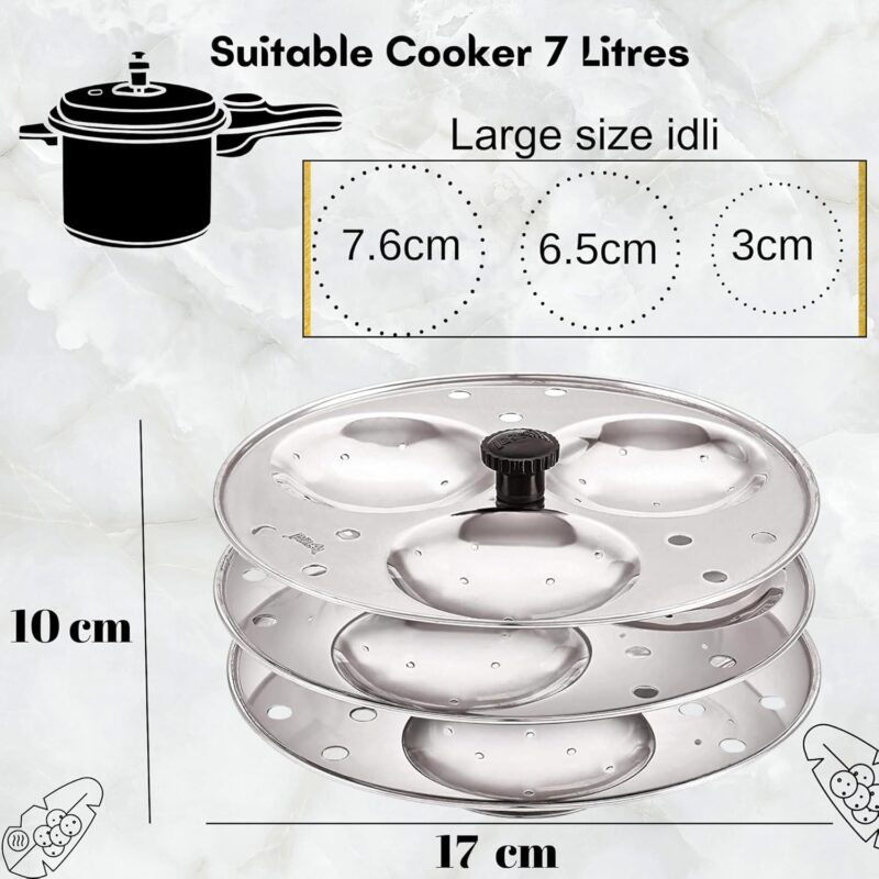 Blluex Stainless Steel Heavy Quality Idli Stand For 5 Liter above Cooker Idli Maker Makes 9 Medium Size Idlis At Once With Stand Kitchen Tool 3 Plates - Silver - Image 5