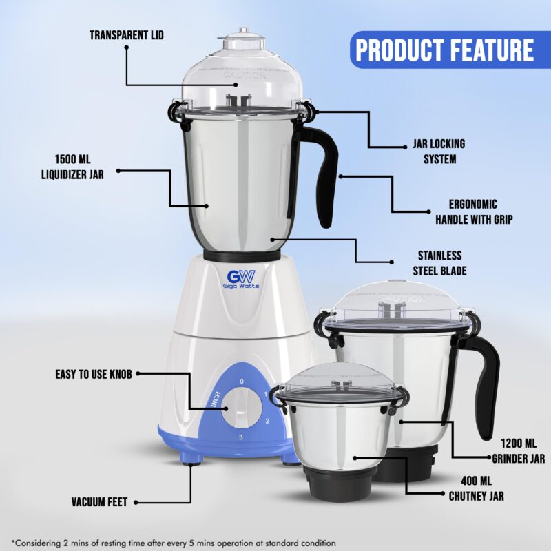 GIGAWATTS 1000W All-in-One Mixer Grinder Blender Heavy Duty Industrial Grade Electric Mixy, Three Stainless Steel Clip Jars with 3 Speed Control 21000 RPM (1 Year Warranty) - Image 5