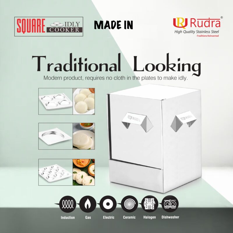 Rudra Stainless Steel Square idly cooker/maker - 6 plates for HOME/Hotel USE, Idli Steamer Set, Gas stove and Induction Stove Compatible Cookware| Made in India - Image 4