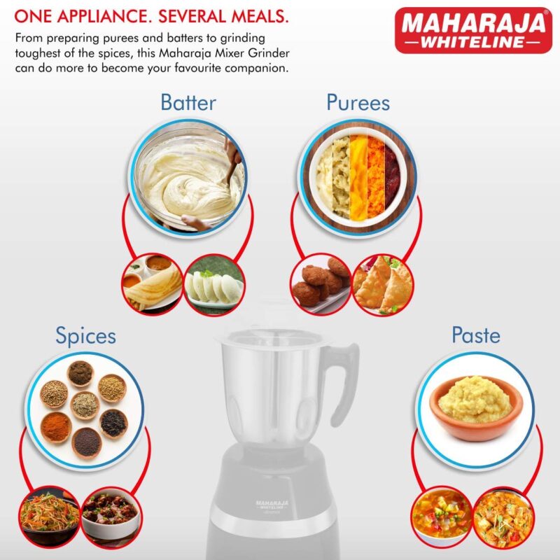 Maharaja Whiteline 1000 W Ultramax HD Mixer Grinder with3 Stainless Steel Jars | Copper Motor | Food Grade Safe | Superior Cooling | 5 Year Motor Warranty- MX-220 (Black with Chrome Finish) - Image 2