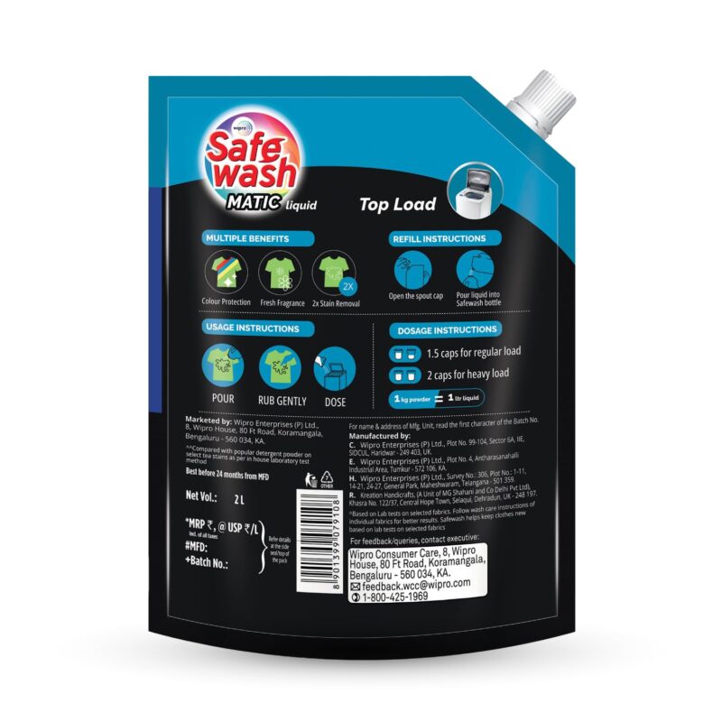 Safewash Top Load Matic Premium Liquid Detergent with Colour-Protect Technology| 2X Stain Removal | For All Types of Fabrics| 2L Refill Pouch - Image 7