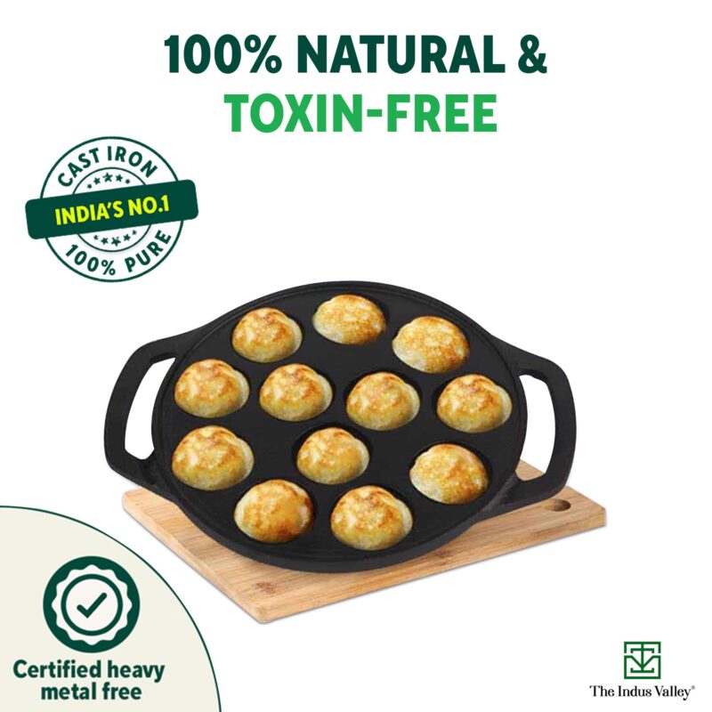 The Indus Valley Pre-Seasoned Cast Iron Paniyaram Pan With Spatula|Medium, 12Pit, 8.3Inch/21 Cm, 2Kg|Induction Friendly|Nonstick Appe/Paddu Pan, 100% Pure & Toxin-Free, No Chemical Coating, Black - Image 6