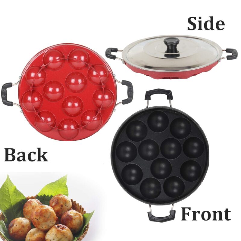 KD ZONE Aluminum Non Stick Appachatty Paniyarakkal with Lid/Appam Pan/kadai/Ponganal Maker/idali Maker/Non Stick/with Lid and Oil Brush(Red) - Image 7