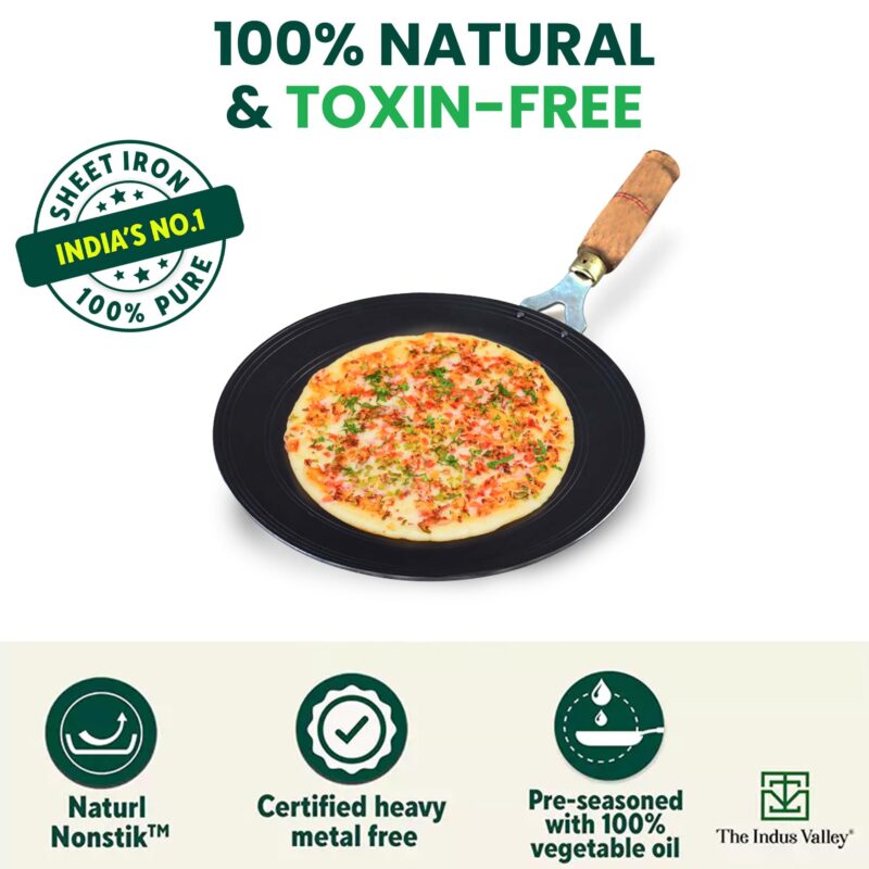 The Indus Valley Pre-Seasoned Iron Tawa for Dosa/Chapathi with Wooden Handle | 27cm/10.6 inch, 0.95kg | Gas Stove Friendly | 100% Pure & Toxin-Free, No Chemical Coating - Image 7