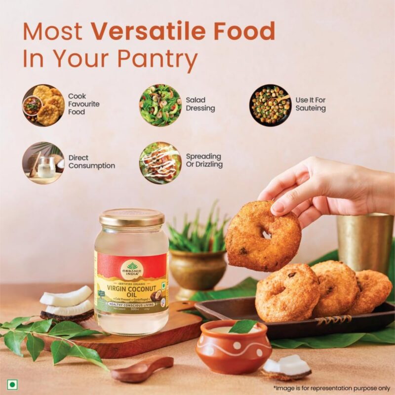 Organic India Virgin Coconut Oil, 500ml, Lab Tested on 600+ Parameters, Certified Organic, Extracted from Organically Grown Coconut Milk, Cold Pressed, Authentic Flavour, Multipurpose Oil - Image 5