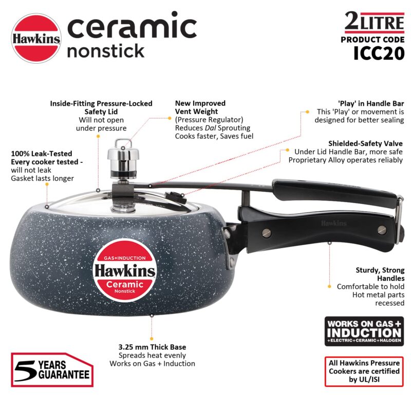 Hawkins 2 Litre Ceramic Nonstick Pressure Cooker, Induction Inner Lid Cooker, Granite Contura shaped Cooker, Best Cooker, Blue (ICC20) - Image 5