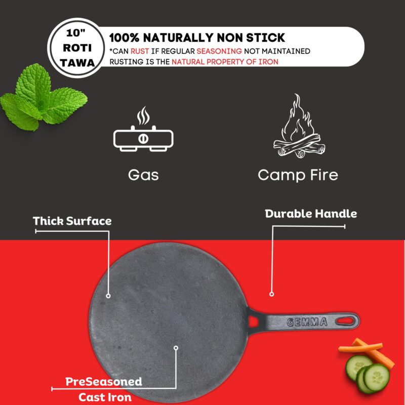 GEMMA Cast Iron Roti Tawa with Silicone Grip (Black Handle Roti Tawa) - Image 4