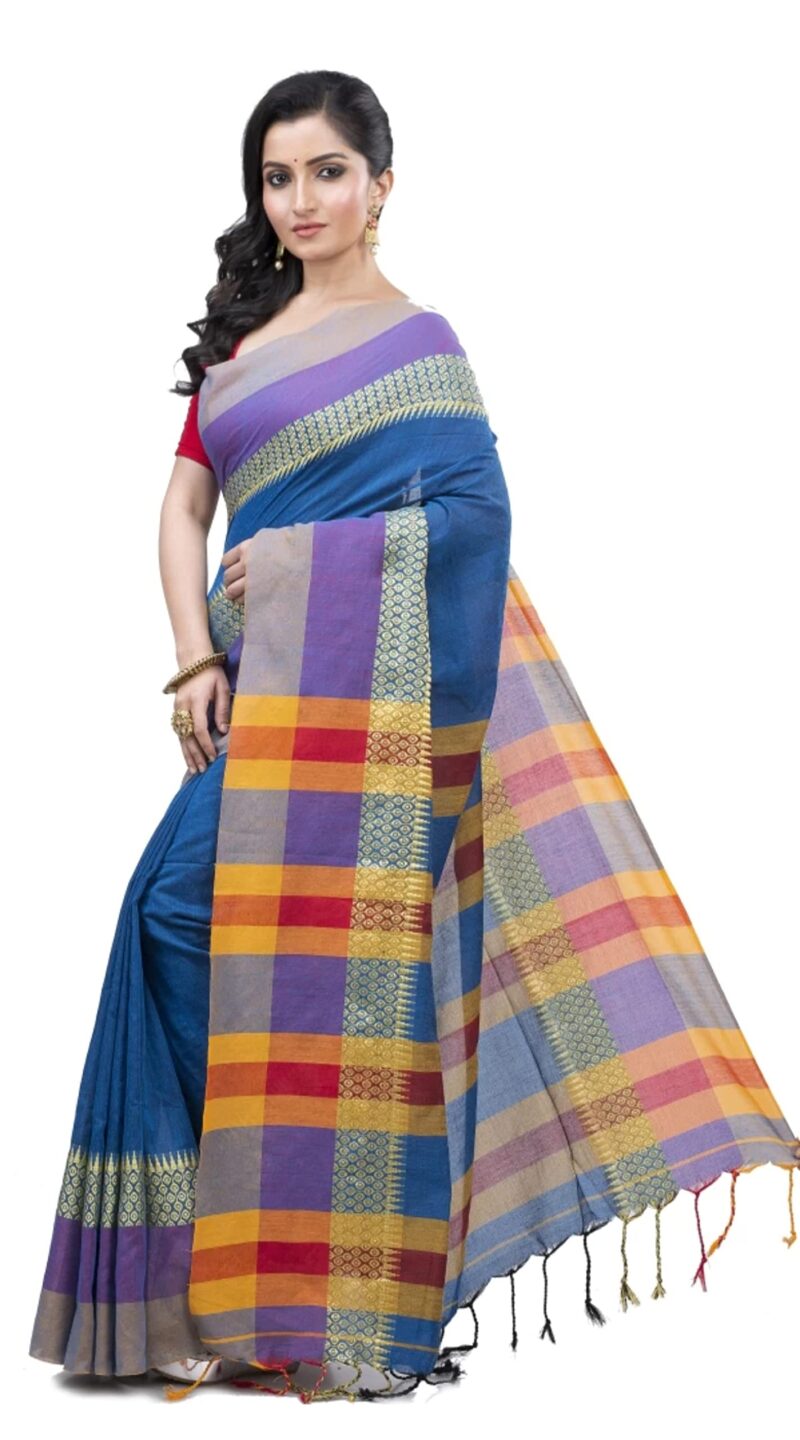 OISHANI SAREE GHOR Women's Traditional Bengal Handloom Cotton Saree (Teal) - Image 4