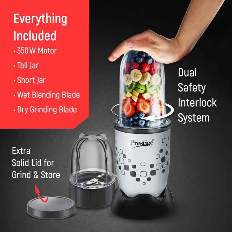 Prestige Nutri-Mix 2.0, 350W Mixer Grinder with 2 Multipurpose Jars | Compact Design | Dual Safety Interlock System | Extra Lids for Storage | Black & Grey - Image 3