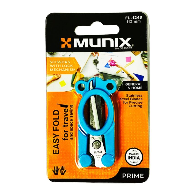 Munix FL-1243 112 mm / 4.5"Stainless Steel Foldable Scissors | Pointed Tip Blade with Lock Mechanism | Asymmetrical Handles for Easy Grip