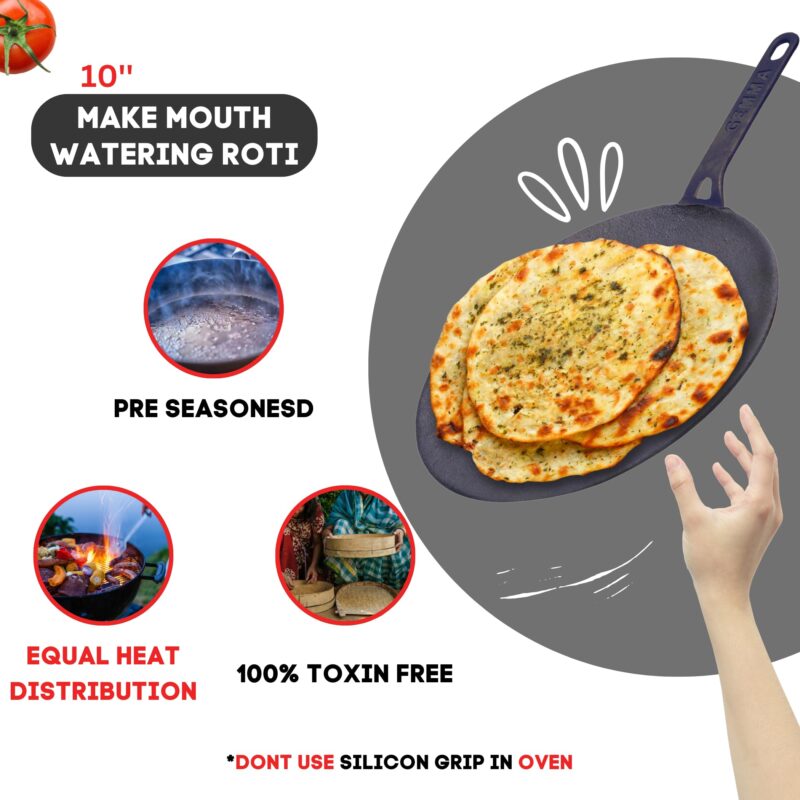 GEMMA Cast Iron Roti Tawa with Silicone Grip (Black Handle Roti Tawa) - Image 5