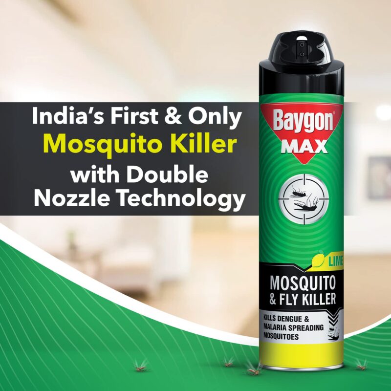 Baygon Max Mosquito and Fly Killer Spray, 625ml | Lime Fragrance | Instant Mosquito Repellent | Kills Dengue & Malaria Spreading Mosquitoes | With Double Nozzle Technology for 30% Wider Coverage - Image 9