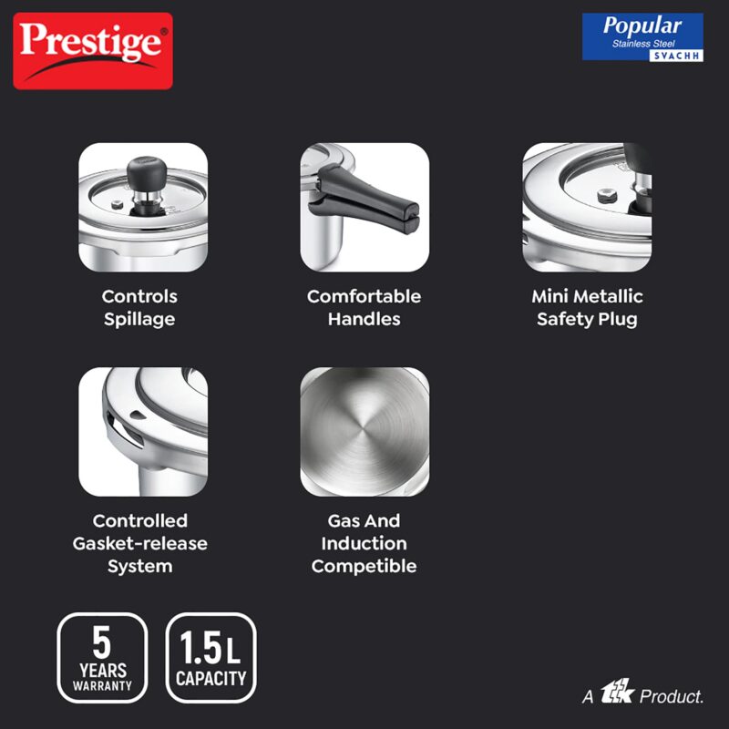 Prestige Svachh Popular Spillage Control Stainless Steel Outer Lid Pressure Cooker,1.5 Liter(Silver) - Image 5
