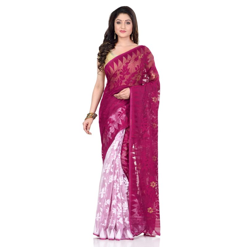 Db Desh Bidesh Women's Jamdani Cotton Saree Without Blouse Piece (Db220622Jamdanitant_Plum Jam White)