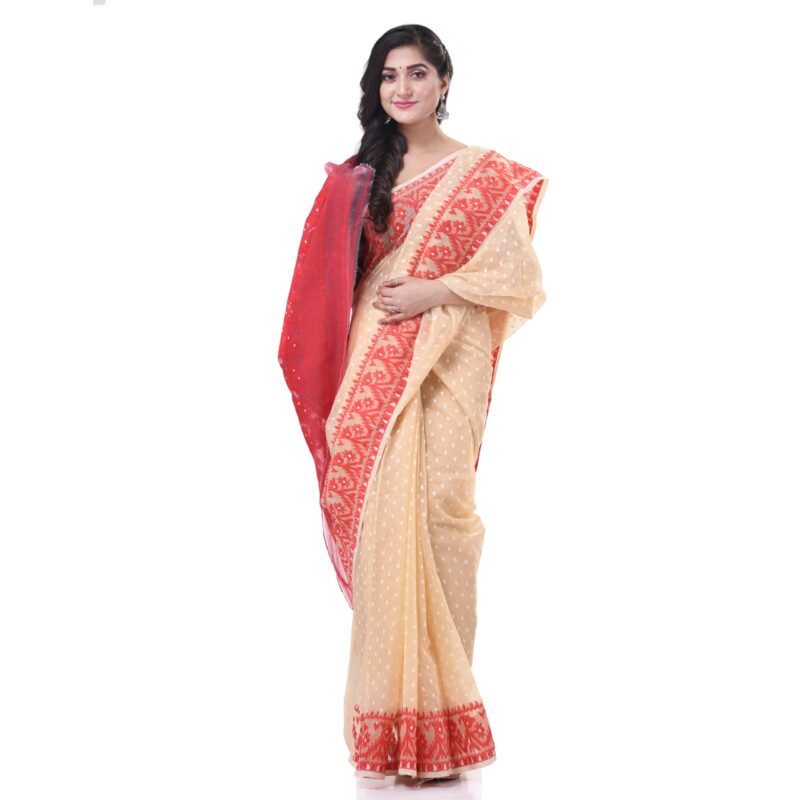 dB DESH BIDESH Women`s Resham Dhakai Jamdani Cotton Handloom Saree Hajar Buti Design Jamdani Saree (Cream Red) - Image 5