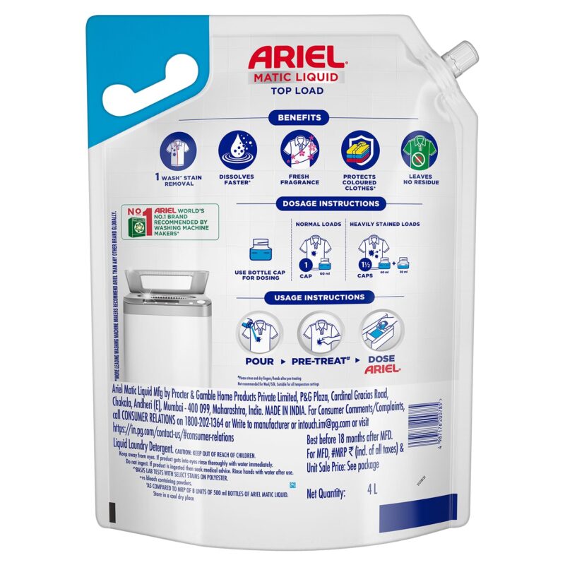 Ariel Top Load Liquid Detergent, 3 Ltr + 1 Ltr free, Removes Tough Stains, Specially designed for Top Load Washing Machine - Image 2