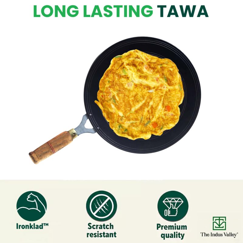 The Indus Valley Pre-Seasoned Iron Tawa for Dosa/Chapathi with Wooden Handle | 27cm/10.6 inch, 0.95kg | Gas Stove Friendly | 100% Pure & Toxin-Free, No Chemical Coating - Image 5