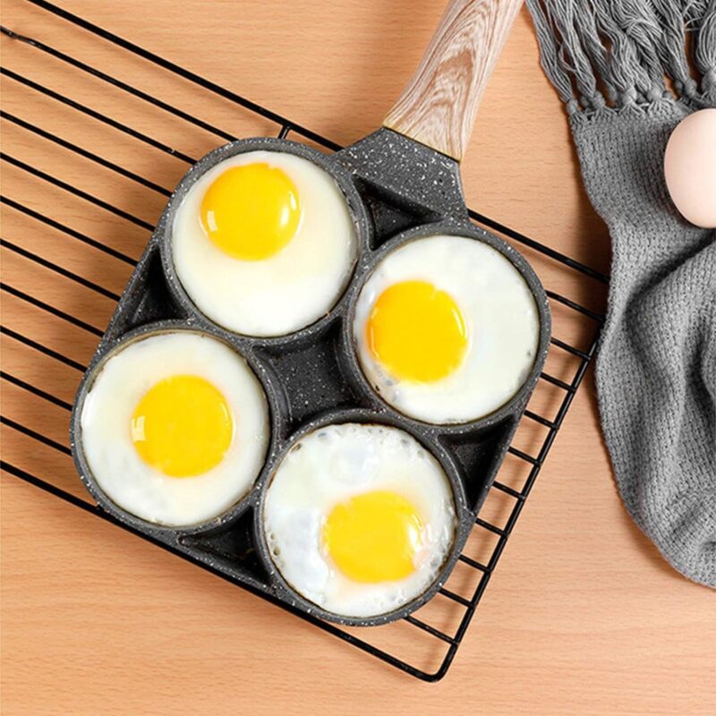 Cannagenix 4 Cups Egg Pan Omelette Pan Frying Pan Egg Frying Pan 4 Cup Crepe Pan Granite Egg Cooker Breakfast Pancakes Pan Suitable for Gas Stove & Induction Cookware (Wood Grain Handle) - Image 9
