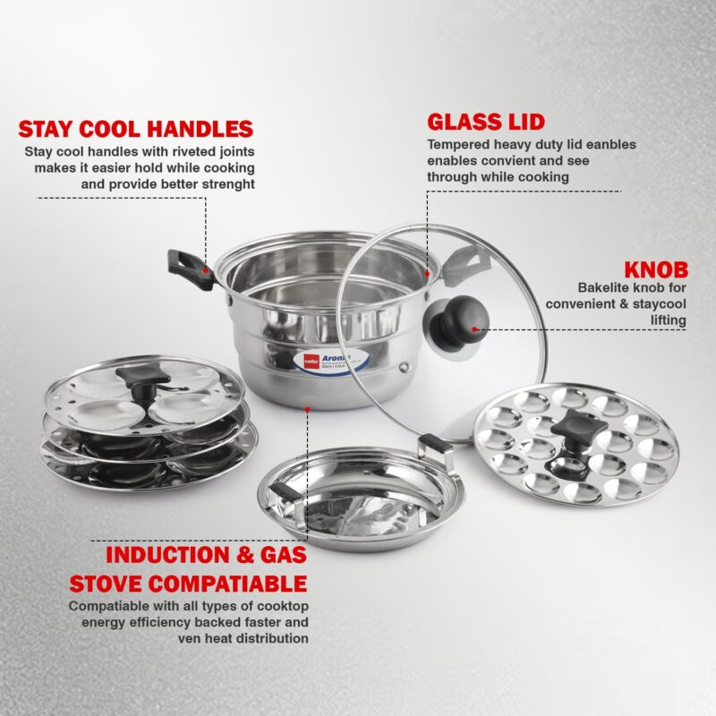 Cello Aroma Stainless Steel Idli Pot with Glass Lid with Multiple Plates 22cm, Silver, 3.5 liter | Compatible With Gas Stove & Induction | Ideal For Dhokla, Patra, Idli, and Momos - Image 6