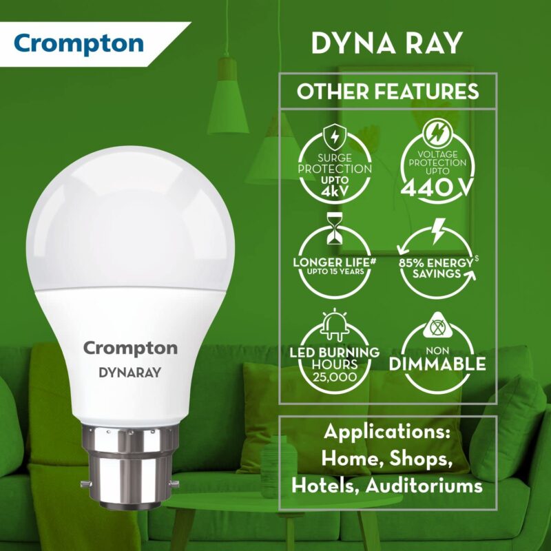 Crompton Dyna Ray 9W Round B22 LED Cool Day Light Pack of 2 - Image 4
