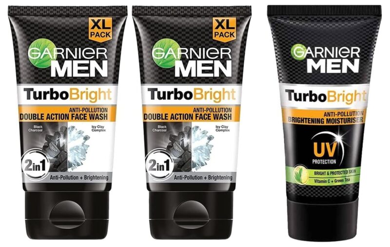 Garnier Men, Face Wash, Brightening & Anti-Pollution, TurboBright Double Action, 300 g (pack of 2) & Moisturiser, Brightening and Anti-Pollution, TurboBright, 40 g