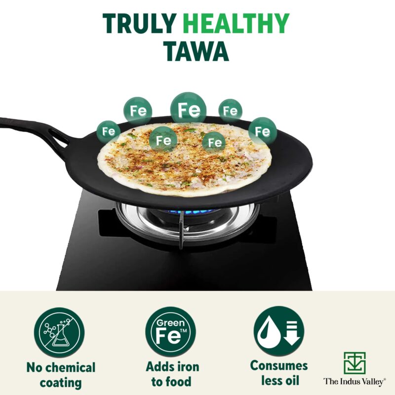 The Indus Valley Pre-Seasoned Cast Iron Concave Dosa Tawa + Free Wooden flip | 25.4cm/10 inch, 1.9kg | Gas Stove Compatible | Naturally Nonstick, 100% Pure & Toxin-Free, No Chemical Coating - Image 8