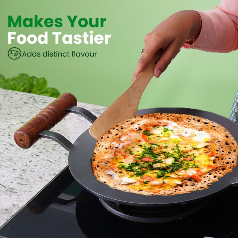 The Indus Valley Pre-Seasoned Round Iron Tawa with Wooden Handle | 12inch/30.4cm - 3.22kg | Induction Friendly | Pre-Seasoned Tawa, 100% Pure & Toxin-Free, No Chemical Coating - Image 3
