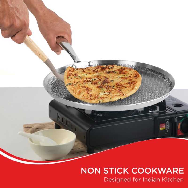 Vinod SAS Pro Platinum Triply Stainless Steel Dosa Tawa - 28 cm | 4.0 mm Thick | Hexa Design | Metal Spoon Friendly | Riveted Handle | Gas, Induction Base | 5-Year Warranty - Image 7