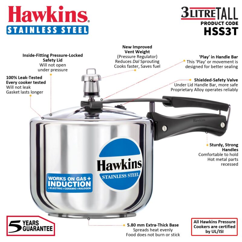 Hawkins 3 Litre Pressure Cooker, Stainless Steel Inner Lid Cooker, Tall Design Cooker, Induction Cooker, Silver (Hss3T), 3 Liter - Image 7