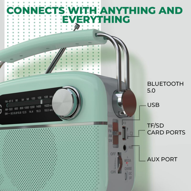 iGear Evoke Retro Modern style Radio and MP3 player with FM/AM/SW, 3 bands, Bluetooth, USB, TF/SD Card, 1200mAh rechargeable battery, Solar charger, Material ABS and Metal, Colour Pearl Blue and Silver, 1 Year Free replacement warranty. - Image 6