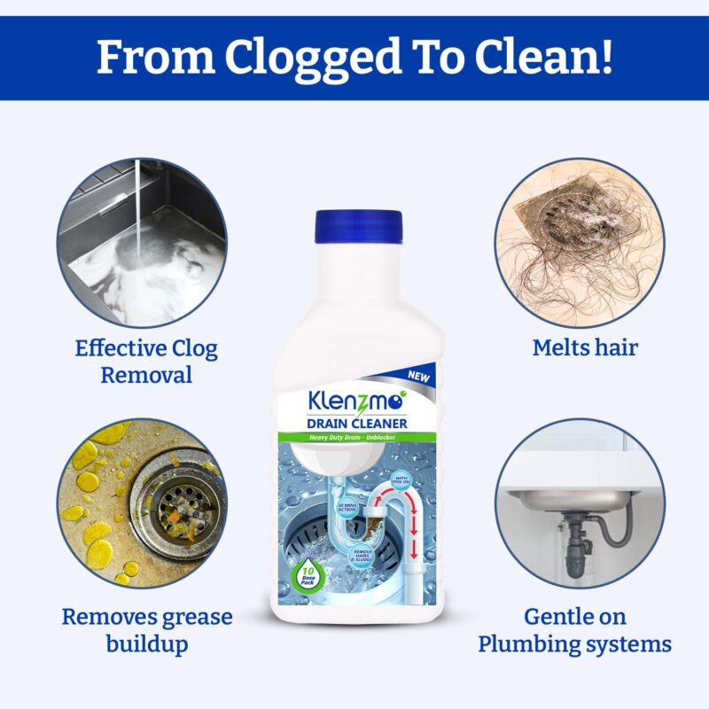 Klenzmo Drain Cleaner Liquid 400ml | Removes Blockages in Pipes, Sinks & Septic Tanks| Melts Grease & Dissolves Hair (Pack of 2) - Image 3