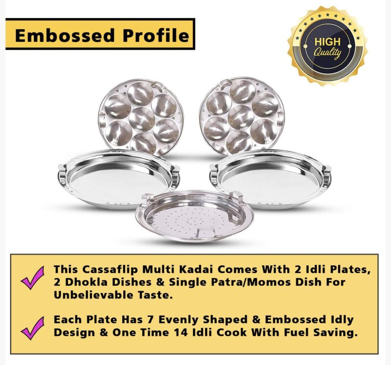 WayMore® Stainless Steel Idli Cooker Multi Kadai Steamer with Induction Bottom All-in-One Big Size 6 Plate, 2 Idli | 1 Mini Idli | 2 Dhokla | 1 Patra | Momo's | 4 in 1 | 28.5 cm Dia. - Image 2