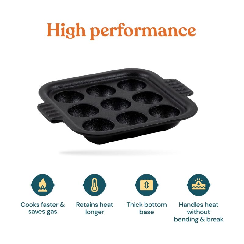 Bhagya Cast Iron Cookware Bhagya Cast Iron Paniyaram Pan/Unniyappam Chatty/Paddu Maker/Appam Pan Pre-Seasoned | Naturally Non-Sticky Cookware | Non Toxic - 9 Holes, Large - Image 3