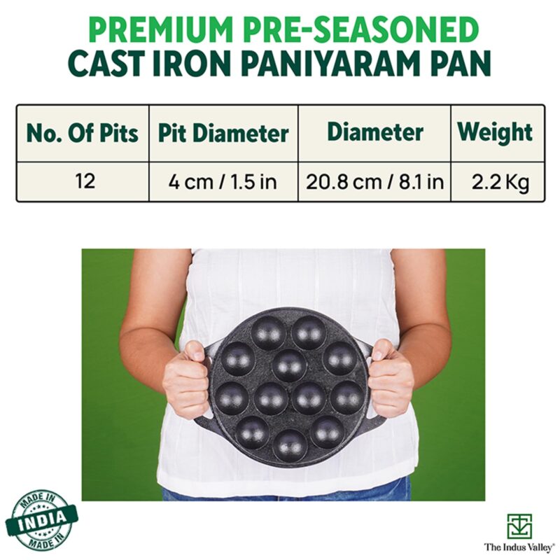 The Indus Valley Pre-Seasoned Cast Iron Paniyaram Pan With Spatula|Medium, 12Pit, 8.3Inch/21 Cm, 2Kg|Induction Friendly|Nonstick Appe/Paddu Pan, 100% Pure & Toxin-Free, No Chemical Coating, Black - Image 8