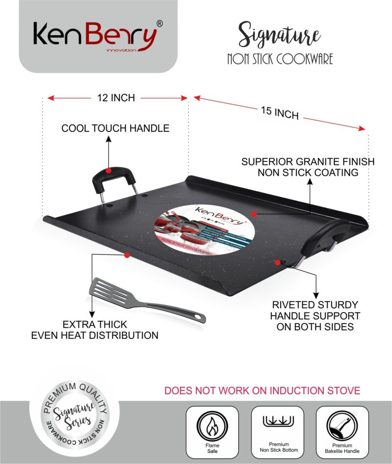 KenBerry Heavy Granite Finish Non Stick Big Flat Pathri Tawa | 38 X 30 CM | Square | Rectangular Pathiri Tawa for Dosa | Paratha | Roti | Chapati | (Aluminium, Non-Stick Cookware, for Indian Kitchen) - Image 4