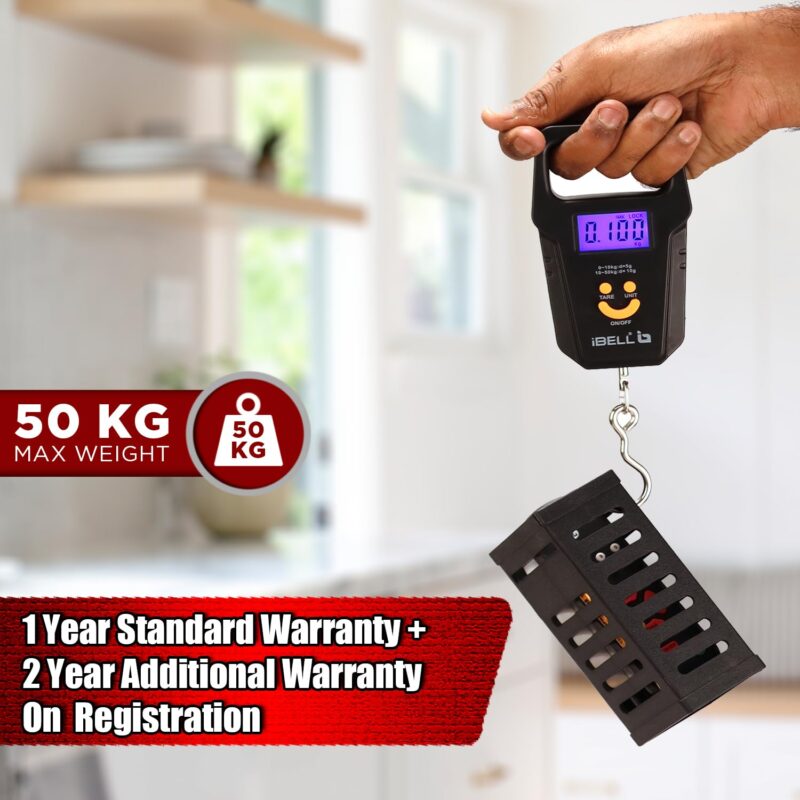 iBELL Rechargeable Weight Machine For Luggage Weighing Scale, Portable, 50 KG, Hook Type with Digital LED Screen & Tare Function, LS510RM (Black) - Image 6