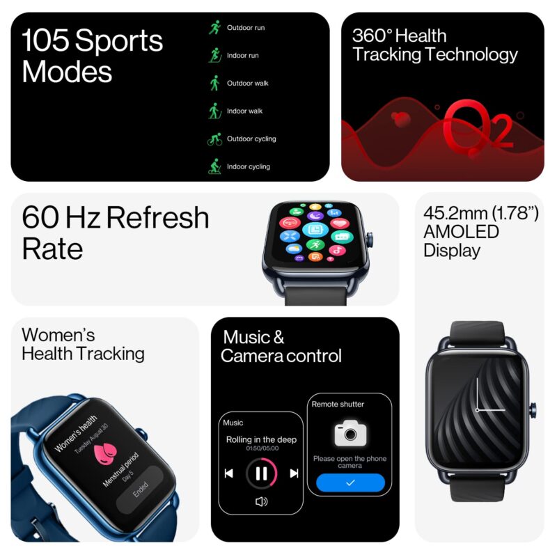 OnePlus Nord Watch with 1.78 AMOLED Display, 60 Hz Refresh Rate, 105 Fitness Modes, 10 Days Battery, SPO2, Heart Rate, Stress Monitor, Women Health Tracker & Multiple Watch Face [Midnight Black] - Image 5