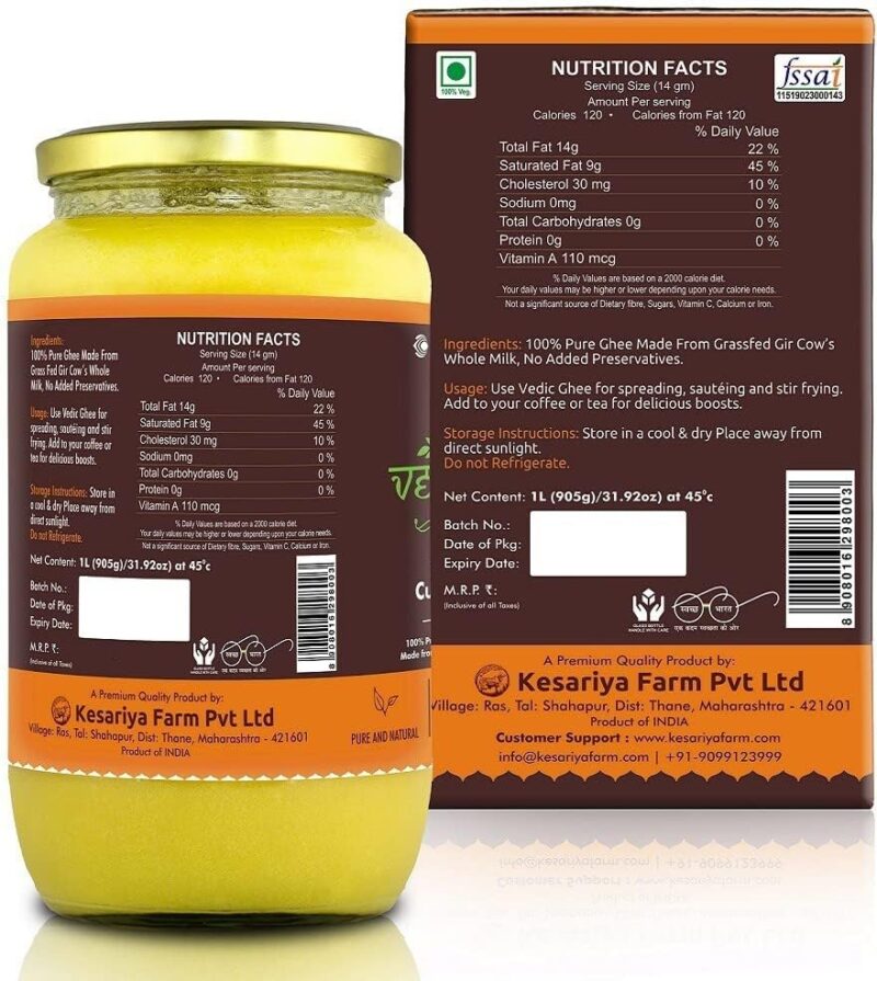Vedic Ghee Premium A2 Gir Cow Cultured Desi Ghee from Kesariya Farm | Vedic Bilona Two Way Churned | Indian Gir Cow Ghee, Pure A2 Ghee, Natural & Healthy, Non-GMO | Lab Certified (1L) - Image 8