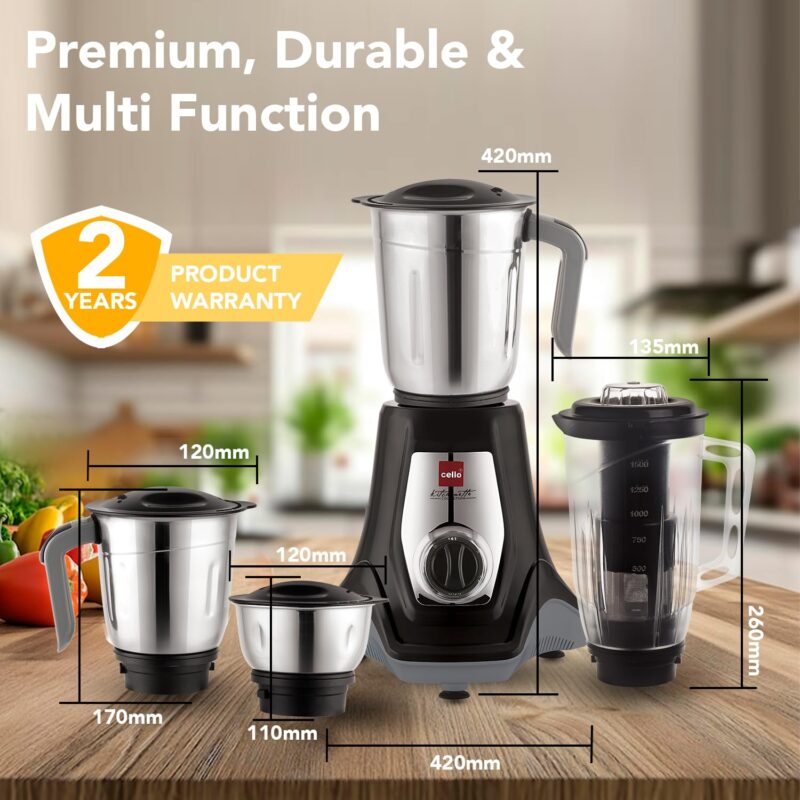 Cello Hercules Mixer Grinder 750W, Black- 2 Year Warranty (Wet Jar with Lid- 1.2 L; Dry Jar with Lid- 1L; Chutney Jar with Lid- 500ml; Juicer Jar Capacity- 1500ml; Spatula) - Image 4