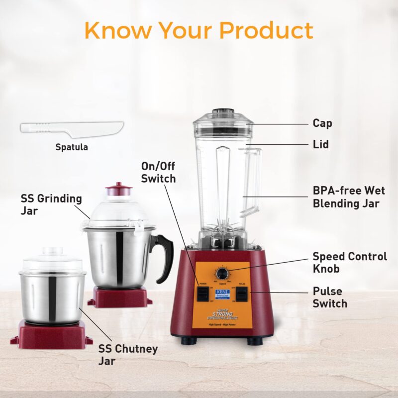 KENT Stainless Steel Super Strong Grinder&Blender|30,000 Rpm Electronic Variables Speed Control|Spill-Proof Lids With Jars|Overheating&Overcurrent Protection|Lockable Jar|Speed Control Switch - Image 2