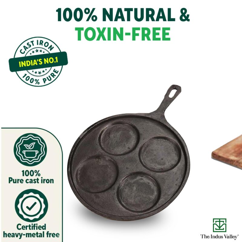 The Indus Valley Pre-Seasoned Cast Iron Uttapam Tawa | 4 Pit, 27.5cm/10.8 inch, 2.5kg | Induction Friendly | Naturally Nonstick, 100% Pure & Toxin-Free, No Chemical Coating - Image 7