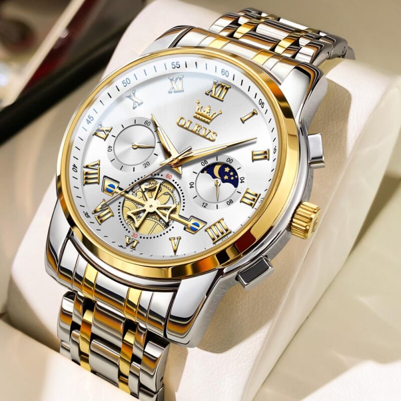 OLEVS Watches for Men Chronograph Business White Wrist Watches Analog Quartz Moon Phase Stainless Steel Waterproof Luminous Dress Watches - Image 6