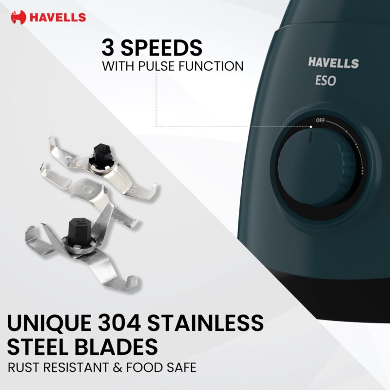 Havells ESO 750W 4 JAR Mixer Grinder, 304 SS Blades, High Speed 21000 RPM motor, Heavy and Wider mouth SS Jars, All Jars with Handle, 2 Year Product & 5 Year Motor Warranty (Teal) - Image 4