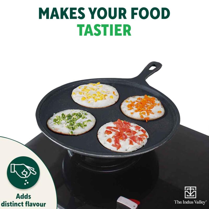The Indus Valley Pre-Seasoned Cast Iron Uttapam Tawa | 4 Pit, 27.5cm/10.8 inch, 2.5kg | Induction Friendly | Naturally Nonstick, 100% Pure & Toxin-Free, No Chemical Coating - Image 5
